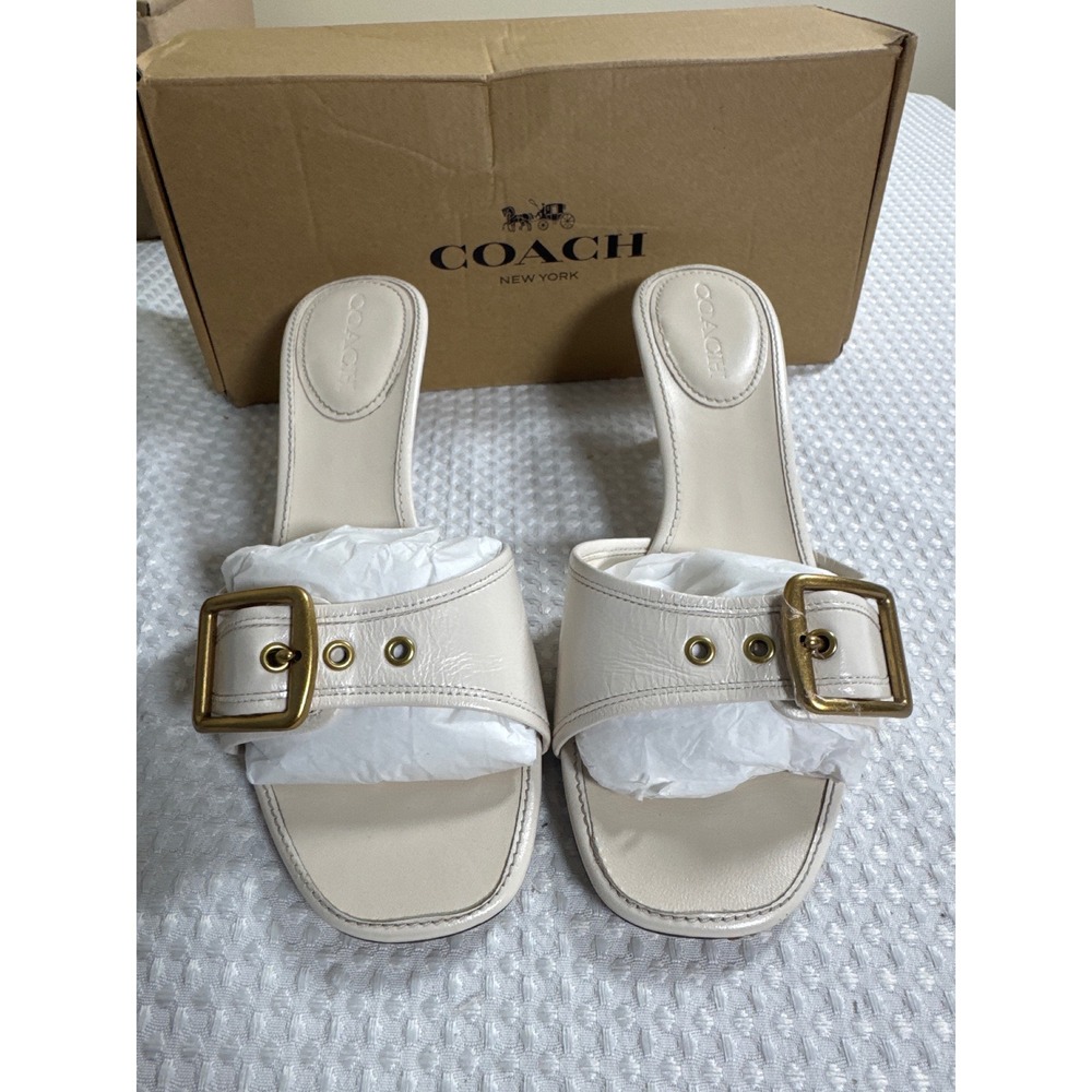 Coach Mules Women 9 B Kitten Heel Chalk White Buckle EUC